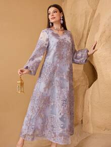 SHEIN Najma Fashionable New Heavy Jacquard Large Floral Purple Arabic Style Dress For Women - Lilac Purple - View 5