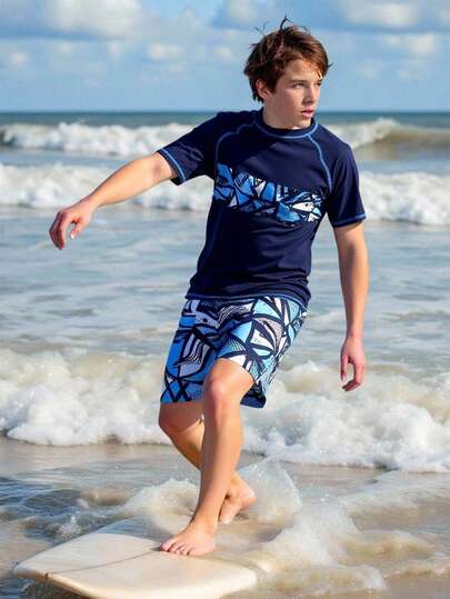 Boys Two Pieces Rash Guard Swimsuits Teen Boy Vacation Short Sleeve Sunsuit Swimwear Sets 12-16Y Summer Vacation Thermal Christmas Holiday Festival New Years Valentines Swim Teen Boy Swim Set Boys Swim Trunks Rash Guard Boys Short Sleeve Top Boys Swim Trunk Rash Guard Teen Boy Beach Wear Boys Swim Set