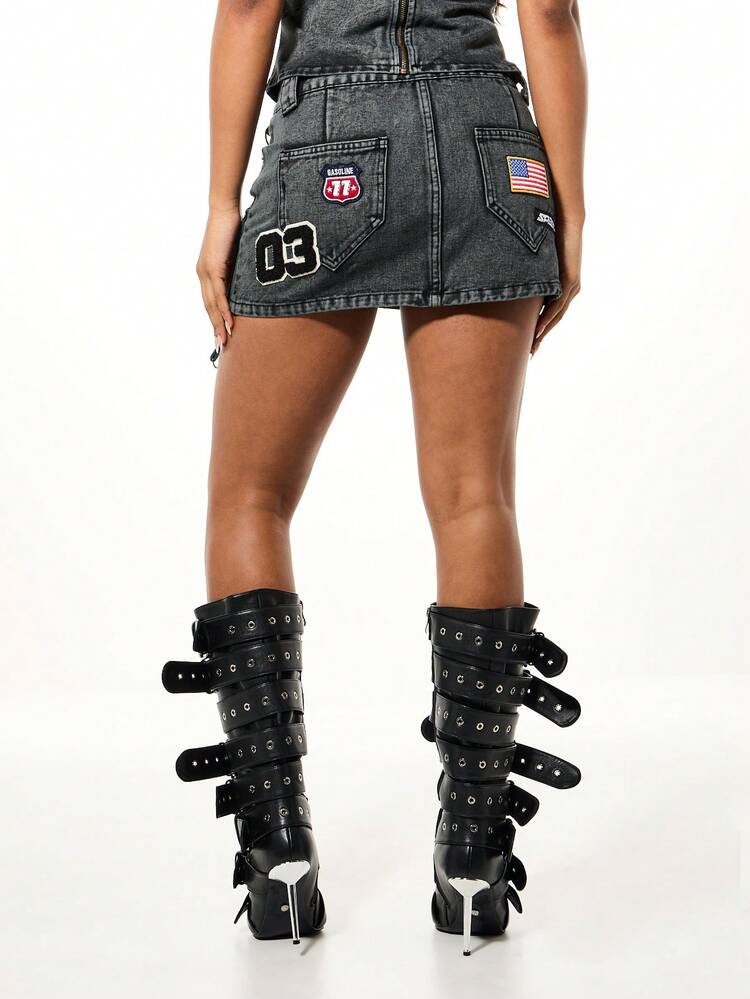 SUMWON WOMEN Denim Cargo Mini Skirt With Badge Details