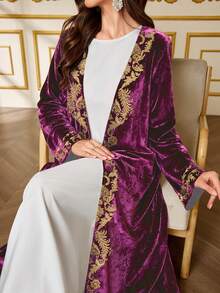 SHEIN Najma Áo choàng Abaya nhung dài tay họa tiết lá cây Damascus thanh lịch dành cho nữ, thích hợp cho mùa xuân và mùa thu - Nhiều màu - Xem 3