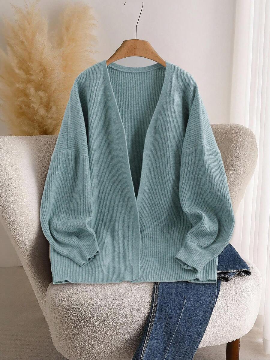 SHEIN CURVE+ Áo len cardigan dệt kim gân hở vai cỡ lớn cho nữ, áo dài tay - màu xanh lá - Xem 1