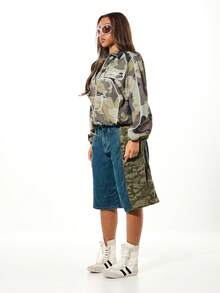 SUMWON WOMEN Camo Print Utility Jacket With White Piping Detail And Zip Front Closure For Fall Winter Streetwear - Army Green - View 5