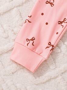 SHEIN Playful Pals 3件套女童优雅甜美元素长袖紧身打底裤套装，粉白+浅杏色底+蝴蝶结，豹纹印花，舒适可爱公主风睡衣套装 - 彩色 - 查看 5