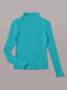 SHEIN EZwear Plus Size Women Solid Color Stand Collar Frill Rib Knit Casual Commuter Long Sleeve T-Shirt - Mint Blue - View 3