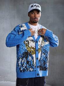 ROMWE MEN Street Life Men's Van Gogh Painting Style Single-Breasted Casual Knit Cardigan - Multicolor - View 4