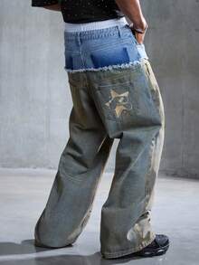 ROMWE MEN Street Life Quần Jeans Nam Cổ Điển, Vải Cotton, Vải Chắp Vá, Rách, Đã Giặt - Màu xanh lam - Xem 7