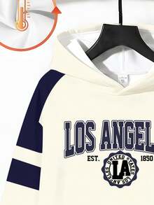 2pcs Tween Boy Casual, Fashionable Classic, Cool Style, LA, Retro American, College Style, Sporty, English Letter Los Angeles Long Sleeve Hoodie Sweatshirt Set, Suitable For Autumn/Winter