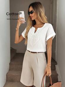 Easowa 女士蕾丝拼接水洗棉休闲/度假优雅衬衫，复古富贵风格 - 白色 - 查看 2