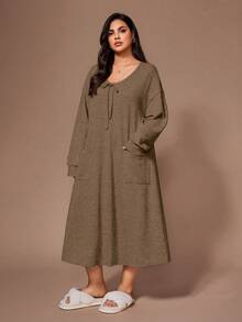 Lazeform 柔软亲肤的印花雪纺休闲双口袋蝴蝶结睡裙 - 咖啡棕 - 查看 5