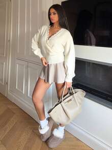 Ronhire Soft Rib Crochet Knit Crossover Detail Cinched Long Sleeve Top Only Fall Autumn Cosy Cute Casual Coffee Club Winter Christmas Elegant Evening Party - Cream - View 5