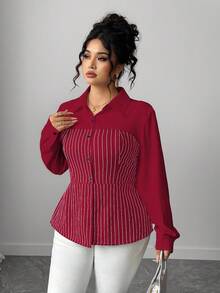 Elenzga 大码优雅办公/通勤单排扣条纹衬衫 - 紅色 - 查看 6