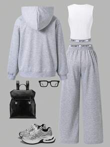 SHEIN Sparklyn 三件套少女休闲套装，包括带马图案的连帽拉链卫衣、白色背心和松紧腰直筒裤，秋季款 - 灰色 - 查看 2