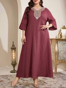 Al Najma Robe ample de style arabe avec manches évasées, appliqués et couleurs contrastées, taille grande pour femmes - Mauve - Voir 2