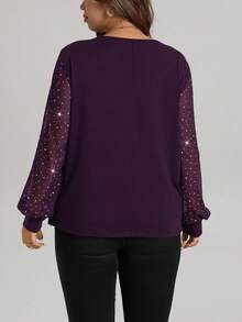 Comfylo 大码女式亮面圆领长袖百搭上衣，适合通勤和聚会穿着 - 紫色 - 查看 2