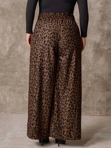 Juhart 大码女式梭织常规秋冬休闲舒适美拉德灯芯绒棕色豹纹阔腿裤 - 彩色 - 查看 2