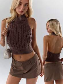 Glamine Fashionable Sexy Cropped Halter Backless Sweater - Brown - View 3