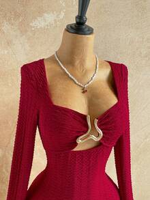 Soleia 女士时尚通勤金属装饰镂空连体衣 - 紅色 - 查看 4