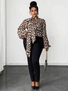 Maweii Plus Size Women's Leopard Print Sexy V-Neck Long Sleeve Blouse, Spring/Autumn - Multicolor - View 5