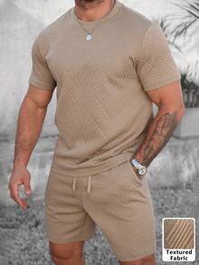 Manfinity CasualCool Men's Comfortable Geometric Jacquard Fabric Short Sleeve Crew Neck T-Shirt And Elastic Waist Drawstring Shorts Set, Suitable For Men's Casual, Holiday, Party, Daily Office, Minimalist Business, Style T-Shirt Set, Great For Self-Wear Or Gift To Friends - Khaki - View 6
