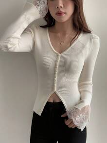 DAZY 女士蕾丝拼接袖口修身毛衣 - 黃色 - 查看 4