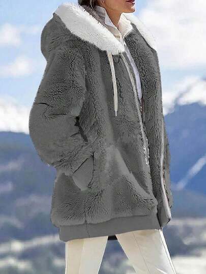 INAWLY 女士拼色长袖连帽蓬松宽松休闲常规夹克，冬季