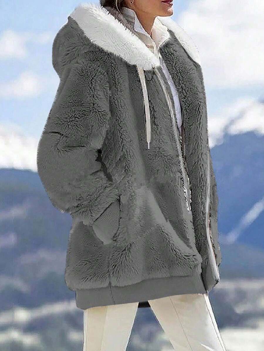 INAWLY 女士拼色长袖连帽蓬松宽松休闲常规夹克，冬季 - 深灰色 - 查看 1