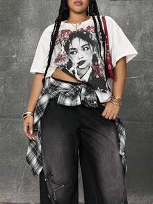 ROMWE Street Life Plus Size Plus Size Boyfriend Style Graphic Print T-Shirt, Streetwear Casual - White - View 2