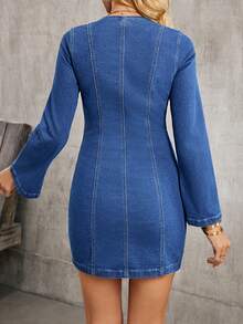 Elenzga Front Button Fitted Long Sleeve Casual Versatile Women Denim Dress - Blue - View 9
