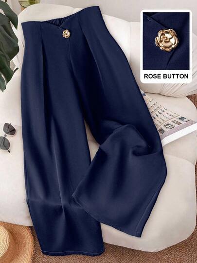 GlowEve CURVE Plus Size Women's Elegant 3D Floral Patterned Vest Suit, Fashion Decorative Button Blazer And Trousers For Commuting Navy Blue Pants Pants With Rose Button Petite Wide Leg Pants Wide Leg Pants Loose Pants