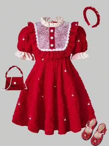 Elladie kids Girls'Elegant Red Summer Satin Lace Trim Yoke Dress,Soft & Comfortable Short Sleeve Party Dress For Birthdays,Christmas,Casual & Various Occasions - Red - View 6