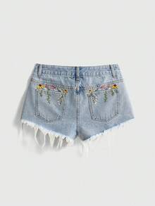 ROMWE Summer Outfits Daisy Floral Embroidered Distressed Denim Shorts - Blue - View 1