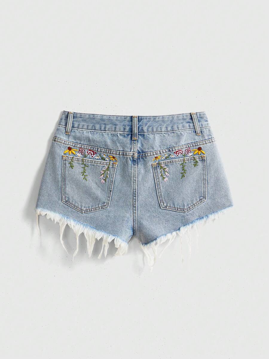 ROMWE Trang phục mùa hè Quần short denim thêu hoa cúc - Màu xanh lam - Xem 1