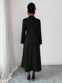 Elenzga 女士时尚优雅双排扣长款常规外套 - 黑色 - 查看 2