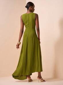 Zivah 2026春夏新品，适合情人节、音乐节、复活节、西部风、游牧风、波西米亚风、纳什维尔风、派对、婚礼、晚宴、约会、聚会、生日、学院风、学生装、日常休闲、百搭基础款、休闲度假、邮轮旅行、海滩、日光浴、爆款、优雅、通勤、商务休闲等场合。无袖圆领，腰部扭结褶皱设计，不对称下摆，修身A字长裙，绿色长裙，春夏长裙，派对长裙，性感长裙，女士长裙 - 綠色 - 查看 2