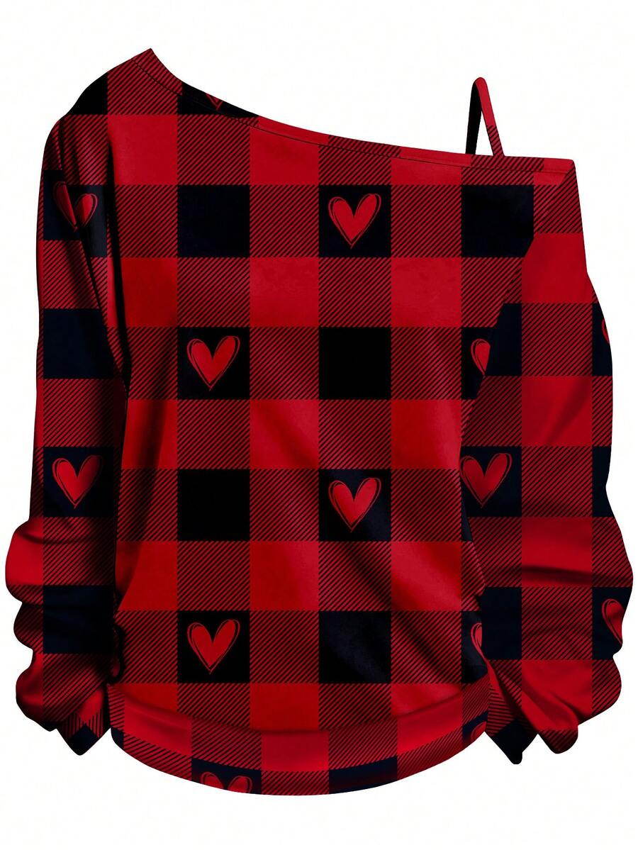 EMERY ROSE Áo thun một vai họa tiết kẻ caro hình trái tim đỏ tối giản, cỡ lớn, phù hợp cho ngày lễ - Nhiều màu - Xem 1