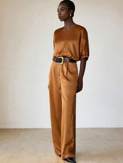 Aveloria Modichic 2pcs Satin Feeling Round Neck Loose Design Niche High-End Short Sleeve Top & Draped Floor-Length Pants Commuting Suit Set