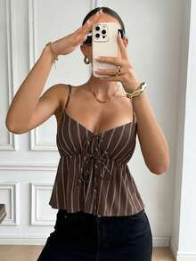 Serisse Women's Spaghetti Strap Tie-Up Sweetheart Collar Striped Fashionable Ruffle Hem Camisole Summer Casual Brown - Coffee Brown - View 7