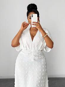 Maweii 大码女式纯色蝙蝠袖V领简约优雅法式连衣裙 - 白色 - 查看 4