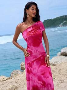 Opulessa 女士碎花连衣裙，适合海滩/度假穿着 - 玫紅色 - 查看 4