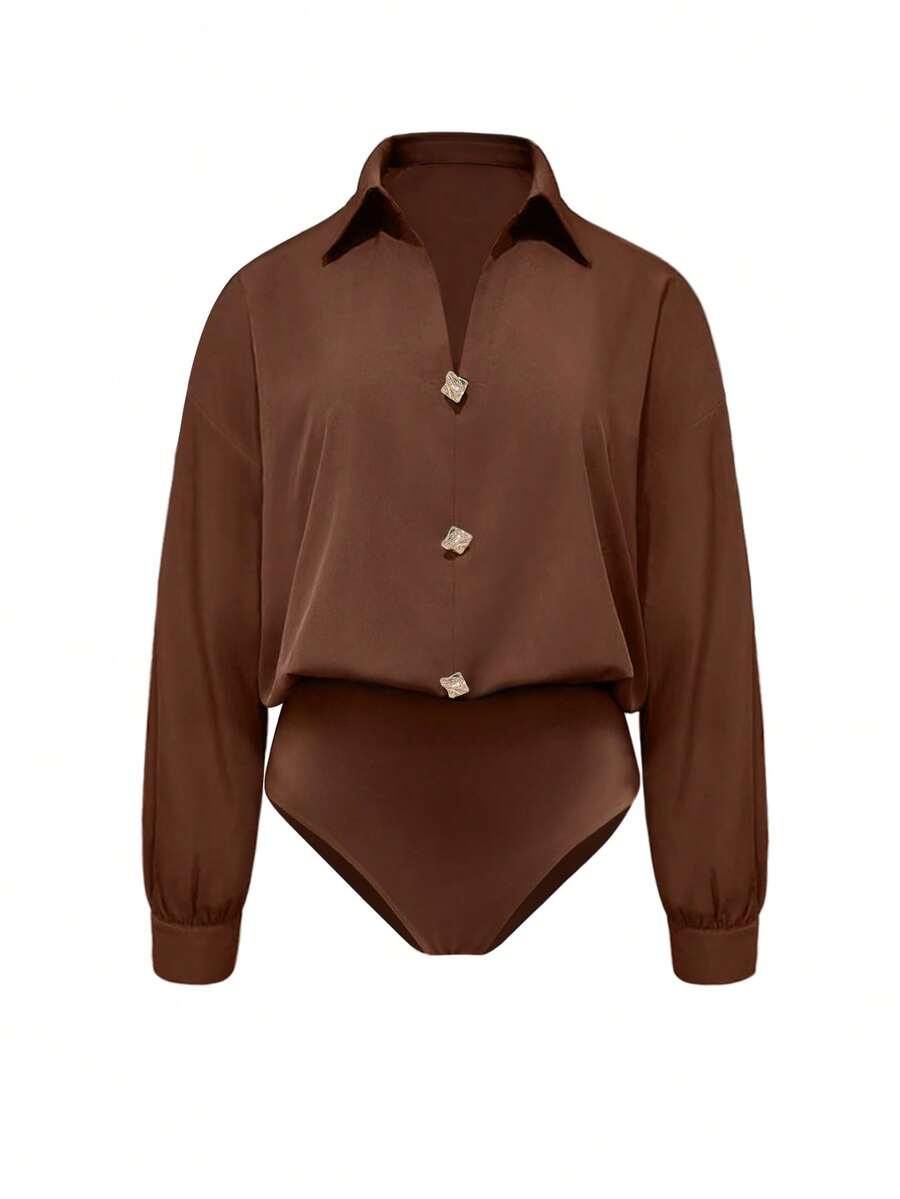 INAWLY Women's Solid Color Button Decor Fashionable Versatile Long Sleeve Bodysuit - Coffee Brown - View 1