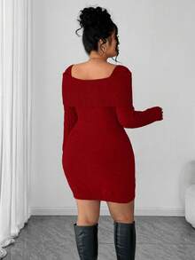 SHEIN Elenzya 大码女式纯色露肩扭结针织毛衣连衣裙 - 紅色 - 查看 2