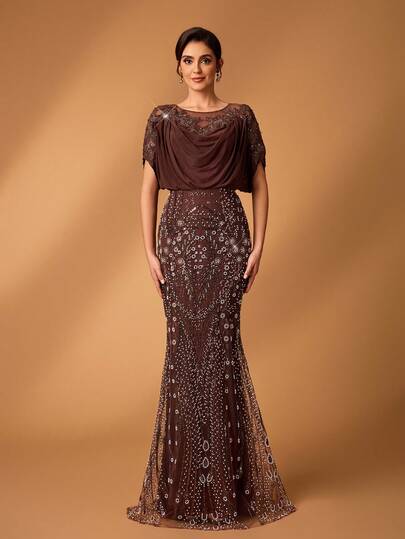 Serin Falda de sirena elástica de malla de punto con bordados, lentejuelas y parches florales elegante y lujosa, adecuada para bodas, fiestas, vacaciones, novias, madres de la novia y vestidos de gala