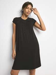 Ocili 女士纯色前开襟纽扣休闲连衣裙 - 黑色 - 查看 6