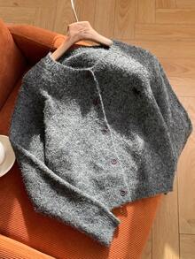 Comfortcana 2025 New Simple Autumn And Winter Women's Casual Embroidery Details Chic Cardigan, Autumn And Winter Country Style Women's Going Out Wear Dark Gray Sweater Autumn Wear,Fall,Fall Clothes For Women,Winter Clothes For Women - Dark Grey - View 5