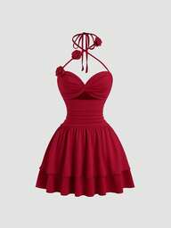 Sweetra Damen Vintage ausgestelltes elegantes Rosen-Valentinstag-Party-Mesh-Rüschen-Saum Rotes Mini-Kleid, Frühling