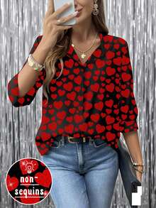 EMERY ROSE 1pc Women Plus Size Black And Red Heart Print V-Neck Long Sleeve Casual T-Shirt,Cute Autumn Blouses,New Year Party Valentine's Day Queen Of Hearts - Multicolor - View 7