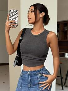 SHEIN x Marika Sila SHEIN EZwear Áo tank top nữ kiểu vintage, màu xám trơn, xếp ly. - Xám - Xem 6