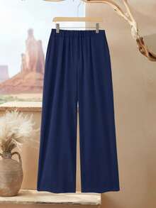 Rusticease Conjunto de 2 piezas de talla grande para mujer con estampado geométrico, cuello redondo, manga larga y bajo asimétrico, top y pantalones, conjunto casual de invierno - Azul Marino - Ver 3