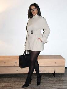 Shopreo STAND COLLAR BELTED TRENCH COAT - Khaki - View 6