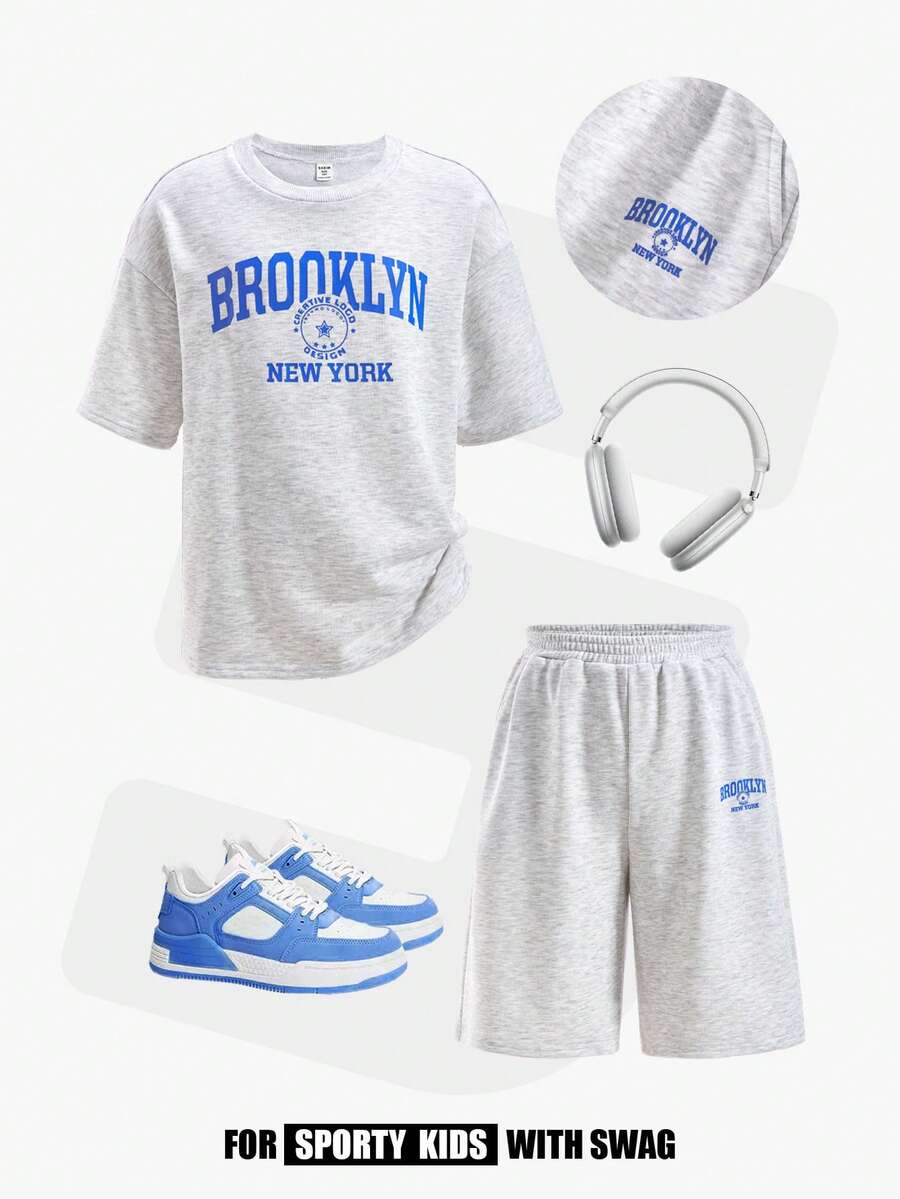 JNSQ Tween Boys 2pcs Set: Loose Fit Crew Neck Graphic Letter Print Short Sleeve Sweatshirt Top And Relaxed Fit Shorts, Suitable For Spring/Summer Outdoor Activities, Casual, Vacation, Streetwear - Light Grey - View 1